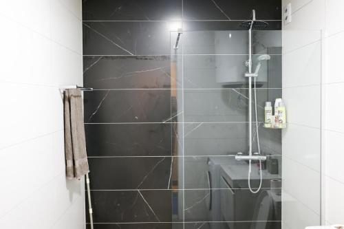 a bathroom with a shower with black tiles at Nest apartament in Peje