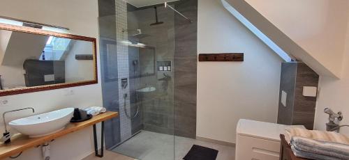 a bathroom with a glass shower and a sink at Studio LEOPOLD LEIBNITZ in Leibnitz