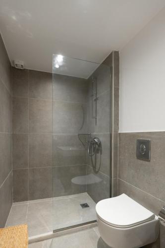 a bathroom with a toilet and a glass shower at Lixouri Square Loft in Lixouri