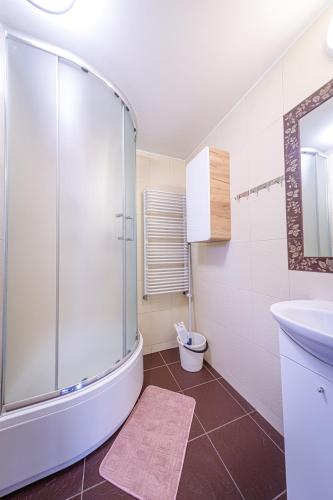 a bathroom with a shower and a sink at Stara Piekarnia - Jagiellońska in Olsztyn