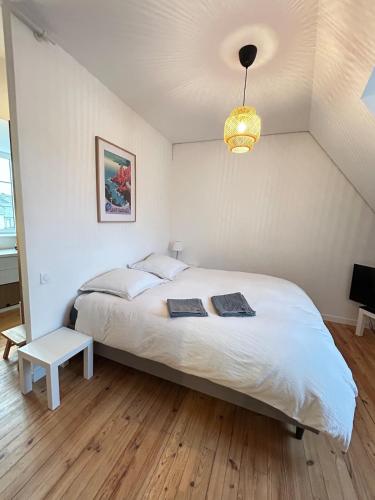 a bedroom with a large white bed with a lamp at Le Breizh Break Lounge in Roscoff