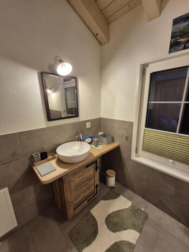 a bathroom with a sink and a mirror and a window at Chesa Clavazzin in Brunnadern