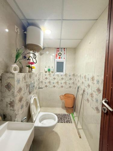 a small bathroom with a toilet and a sink at Vetri Homes IV in Zirakpur