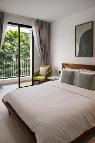a bedroom with a large white bed and a chair at Rose & Golf at Rose Apple Square in Siem Reap