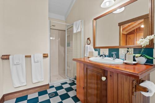 a bathroom with a sink and a shower at Tamborine Mountain Bed and Breakfast in Mount Tamborine