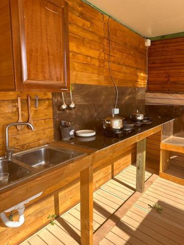 a kitchen with a sink and a stove at Bocana Camping Borsh in Borsh