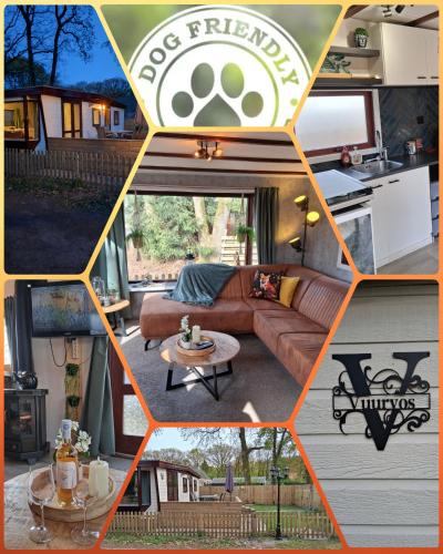 a collage of photos of a living room and a rv at Chalet Vuurvos - sfeervol chalet met omheinde tuin, midden in de bossen van Drenthe in Eext