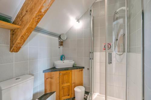 a bathroom with a shower and a toilet and a sink at Finest Retreats - Wallingbrook Lodge in Chulmleigh