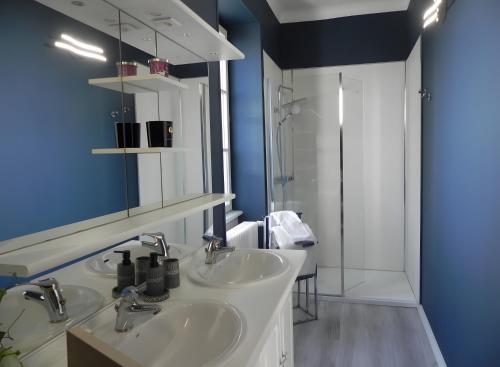 a bathroom with two sinks and a shower at Le Gîte Du Vigneron in Saulcet