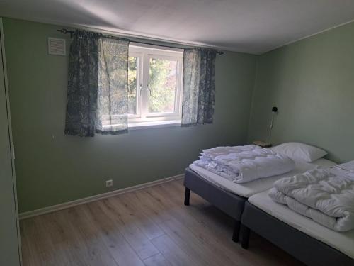 two beds in a green room with a window at Marieborg Apartments in Ekshärad