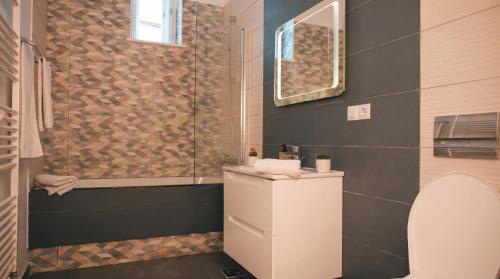 a bathroom with a shower and a toilet and a sink at Tivoli Apartament in Sebeş