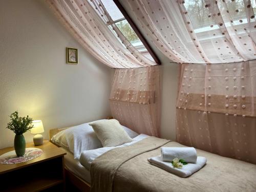 a bedroom with a bed and a window with curtains at Rezidence - HAMR in Nové Hrady