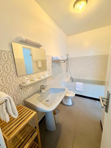 a bathroom with a sink and a toilet and a mirror at Hôtel Saint Sébastien in Lourdes