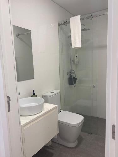 a bathroom with a toilet and a sink and a shower at AnaSol2 in Esposende