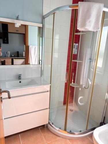 a glass shower in a bathroom with a sink at Quinta Dos Amarelos Sesimbra in Sesimbra