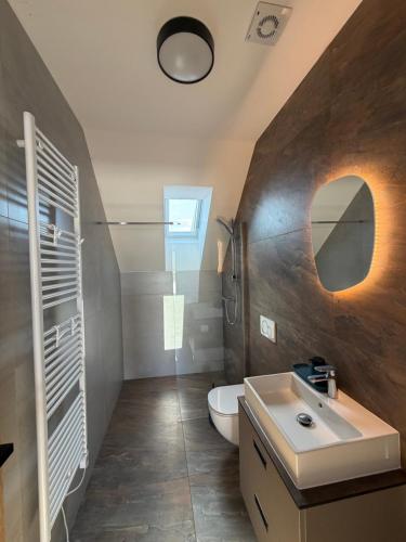 a bathroom with a sink and a toilet and a mirror at Apartmány u Zvonice in Kyjov