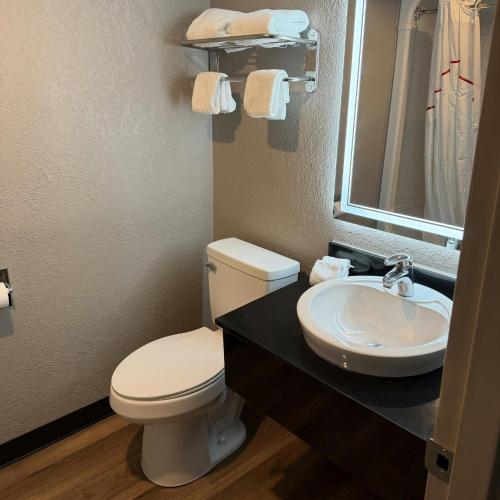 a bathroom with a toilet and a sink at Red Roof Inn Kokomo in Kokomo