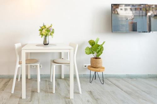 a white table and two chairs and a table with a plant at Marina Wendtorf Kajüte in Wendtorf