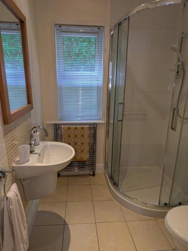 a bathroom with a shower and a sink at Lough View in Rostrevor
