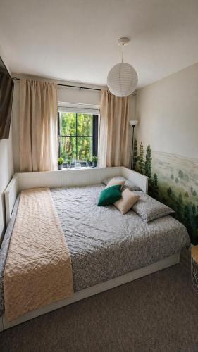 a bedroom with a large bed with a window at Private room in shared house at Casa de Charlie in Lambeg