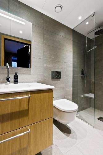 a bathroom with a toilet and a sink and a shower at Fyri Resort Nr 23 in Hemsedal