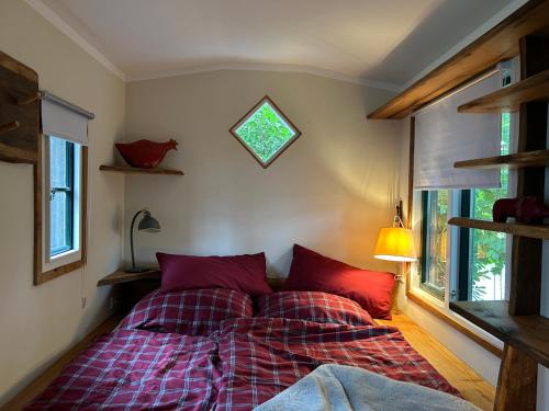 a bedroom with a bed with red pillows and a window at Zirkuswagen im Gutshof in Lutterberg