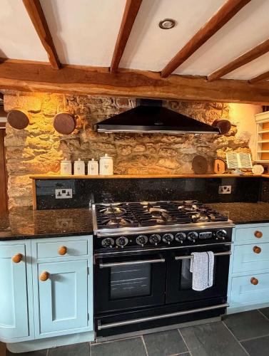 a kitchen with a stove and a stone wall at Mesopotamia Cottage in Clifton Hampden