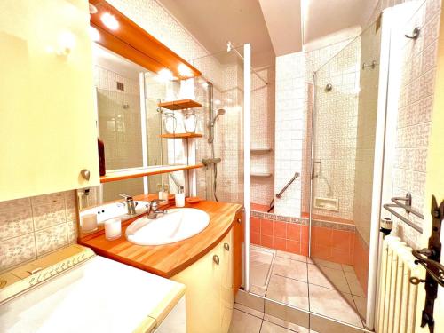 a bathroom with a sink and a shower at T3 hypercenter with fireplace, mountain view in Font-Romeu
