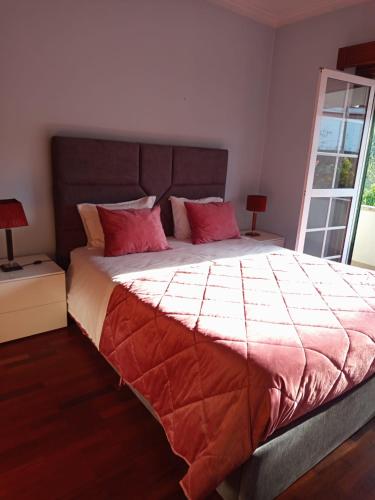 a bedroom with a large bed with red pillows at Villa Garden & Pool - Alojamentos in Celorico de Basto