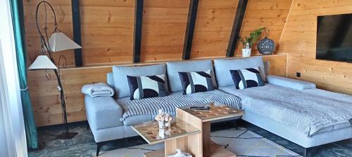 a living room with a blue couch and a table at Vikendica Vista in Vrdnik