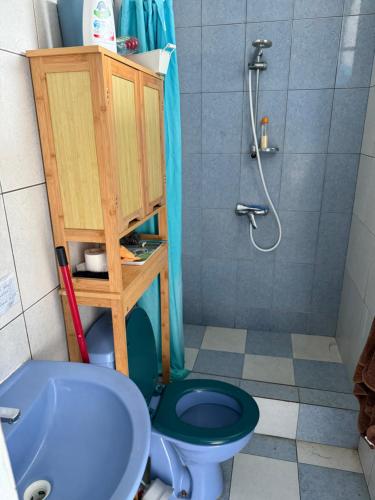 a bathroom with a blue toilet and a shower at Chambres les pieds dans l’eau résidence Cypria in Les Trois-Îlets
