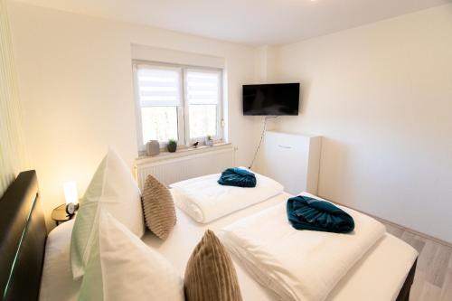 a room with two beds and a tv on the wall at Ferienwohnung Familie Täubert in Klein Uhyst
