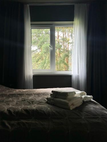 a bed with towels on it in front of a window at 4 winds Notus in Palanga