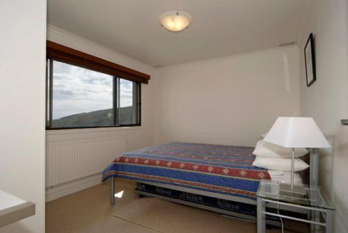 een slaapkamer met een bed met een raam en een lamp bij Lawlers 9 in Mount Hotham