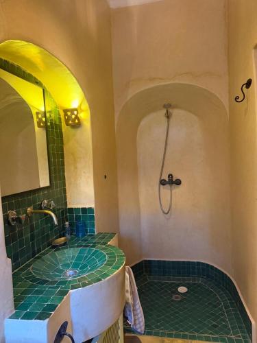 a bathroom with a shower with a sink and a tub at Riad Medina Taroudant in Taroudant