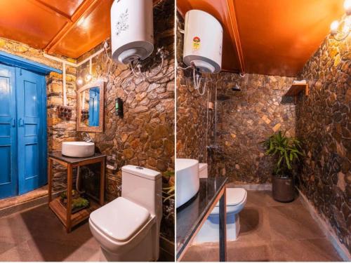 two pictures of a bathroom with a stone wall at The Boho Mukteshwar in Mukteshwar