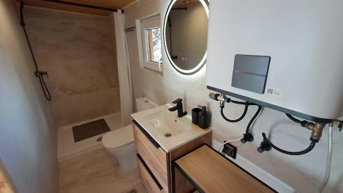 a bathroom with a sink and a toilet and a mirror at Domki pod Pilskiem in Korbielów