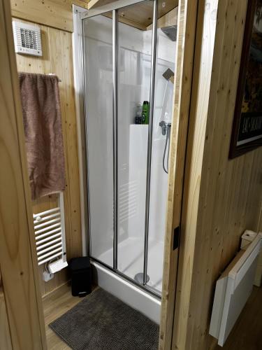 a shower with a glass door in a bathroom at L'arbousier in Clermont-lʼHérault