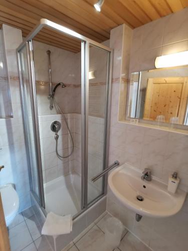 a bathroom with a shower and a sink at Hotel Karwendelblick in Urfeld