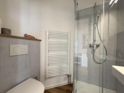 a bathroom with a shower and a toilet and a sink at Strandhotel - 19 "Sardinenbüchse" in Dahme