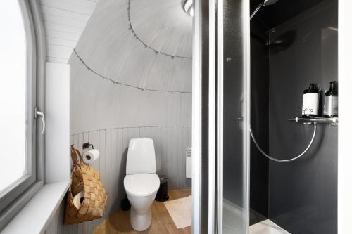 a small bathroom with a toilet and a shower at Konglehytta · Panoramautsikt · Badstu · 30 min OSL in Stange