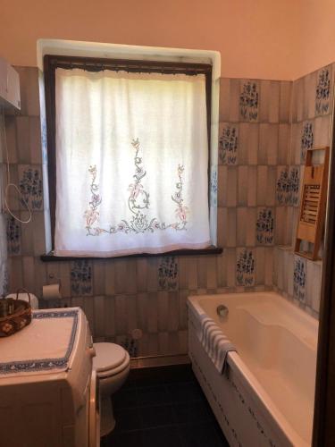 a bathroom with a tub and a toilet and a window at Le Viole Bianche in Albiano dʼIvrea