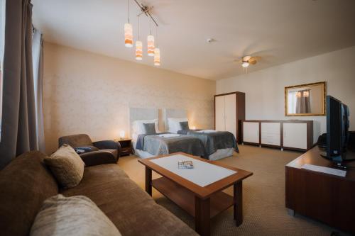 a living room with a couch and a bed and a television at Hotel Rokoko Košice - free parking in Košice