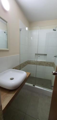 a bathroom with a sink and a glass shower at Apartamentos San Martín in San Antonio