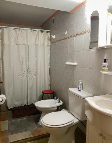 a bathroom with a white toilet and a sink at Departamento Quetro in Trevelín