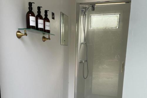 a bathroom with a shower with bottles of wine on a shelf at Trethowels Grey Hidden hut in St Austell