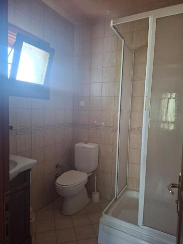 a bathroom with a toilet and a shower and a sink at Villa İkiz in Ula