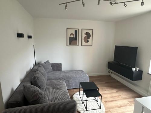 a living room with a couch and a tv at Am Gebirgsbad in Kurort Jonsdorf