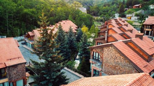 an aerial view of a village with houses and trees at Teghenis Resort in Tsaghkadzor