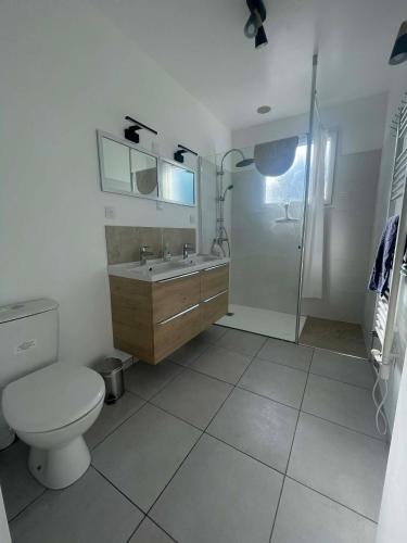 a bathroom with a toilet and a sink and a shower at Gîte Le Bédat in Puycasquier